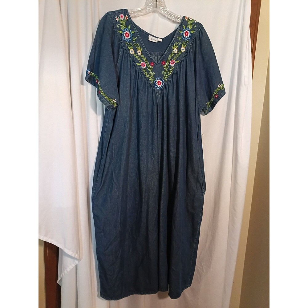 Vintage Vermont Country Store Plus size Denim Maxi Dress 1X Embroidered Pockets